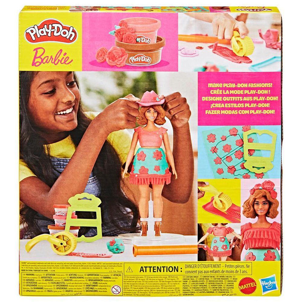 PlayDoh Barbie Florals and Fringe Doll Set with Three Modeling Doughs in Red, Brown and Pink, , large