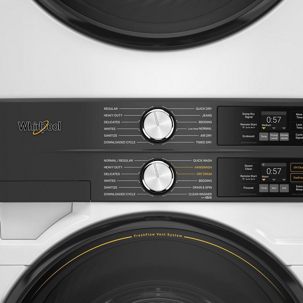 Whirlpool 4.5 Cu. Ft. Smart Front Load Washer and 7.4 Cu. Ft. Electric Dryer Stack Laundry in White, , large