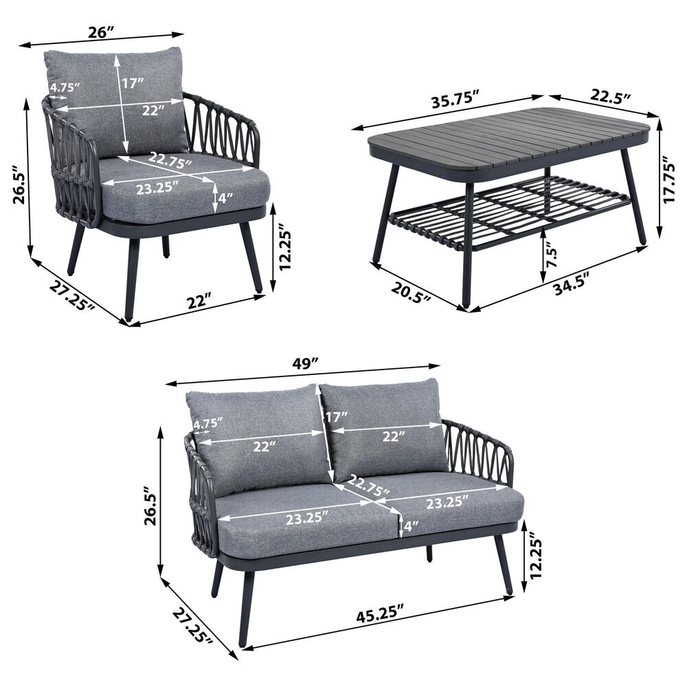 Hearth and Haven 4-Piece Patio Conversation Set with Gray Cushion in Black, , large