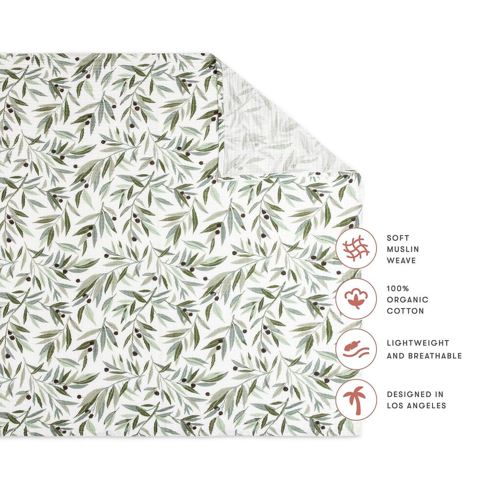 Babyletto Olive Branches Muslin Swaddle in Green and White, , large