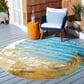 Safavieh Barbados Tropical Wave 6"6" Round Blue and Gold Indoor/Outdoor Area Rug, , large