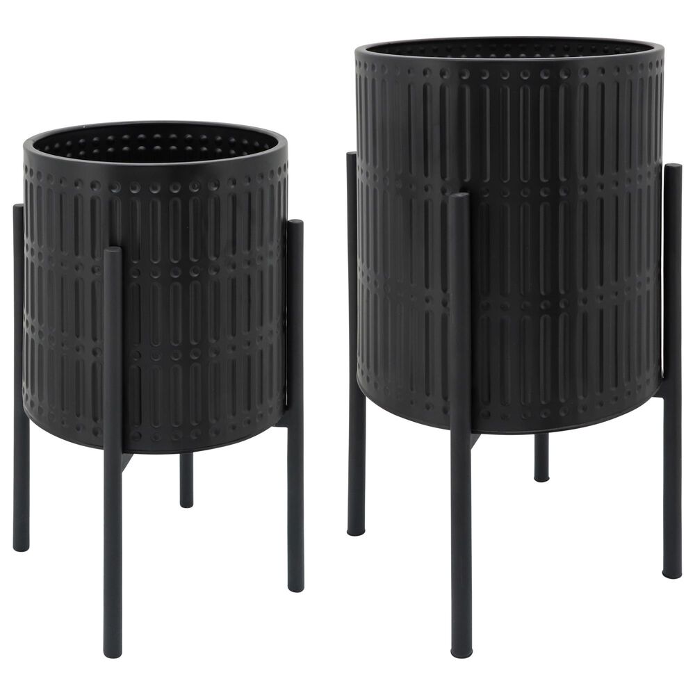 Sagebrook Home Ridged Planters on Metal Stand in Black (Set of 2), , large