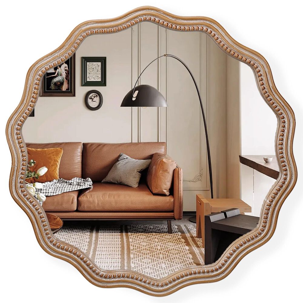 Hearth and Haven 23.62" Round Wall Mirror with Wavy Wood Framed in Antique Natural, , large
