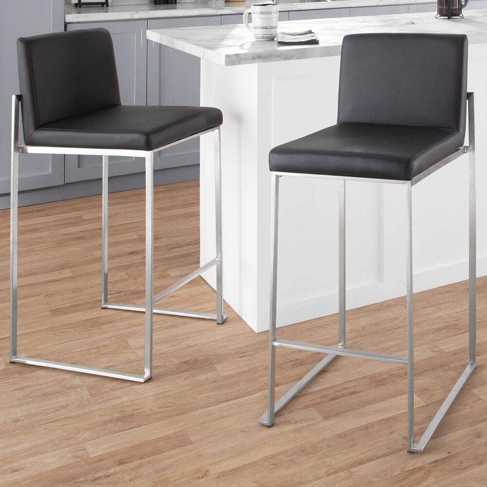 Lumisource Fuji High Back Counter Stool with Black Faux Leather Cushion in Stainless Steel &#40;Set of 2&#41;, , large