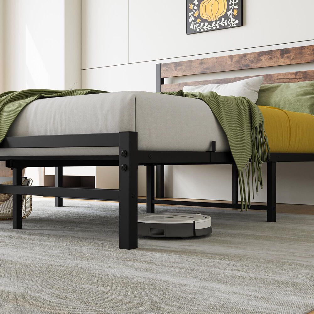 Hearth and Haven Full Platform Bed with Slat Wood Headboard in Black and Rustic Brown, , large