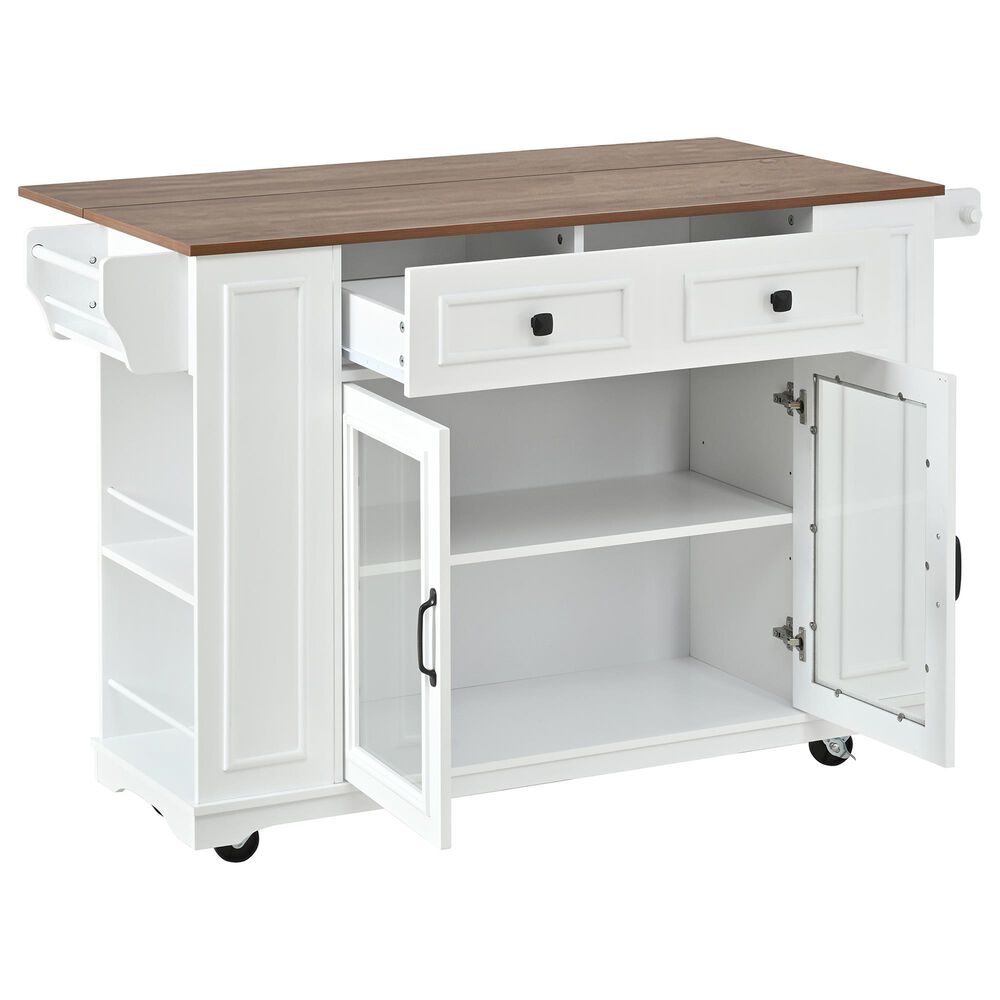 HOMLUX 54" Mobile Kitchen Island with Glass Door Storage in Walnut and White, , large