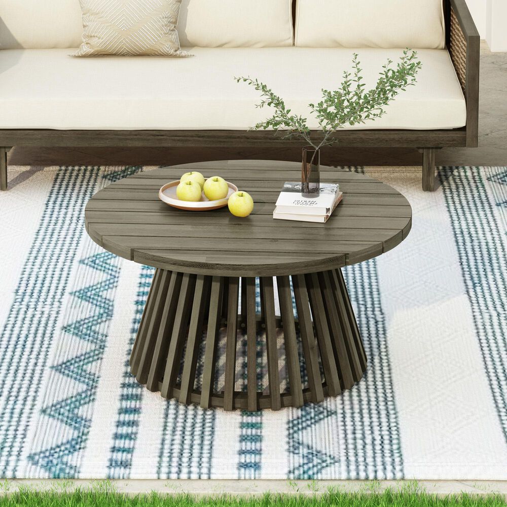 Hearth and Haven Outdoor Round Coffee Table with Slatted Base in Gray, , large