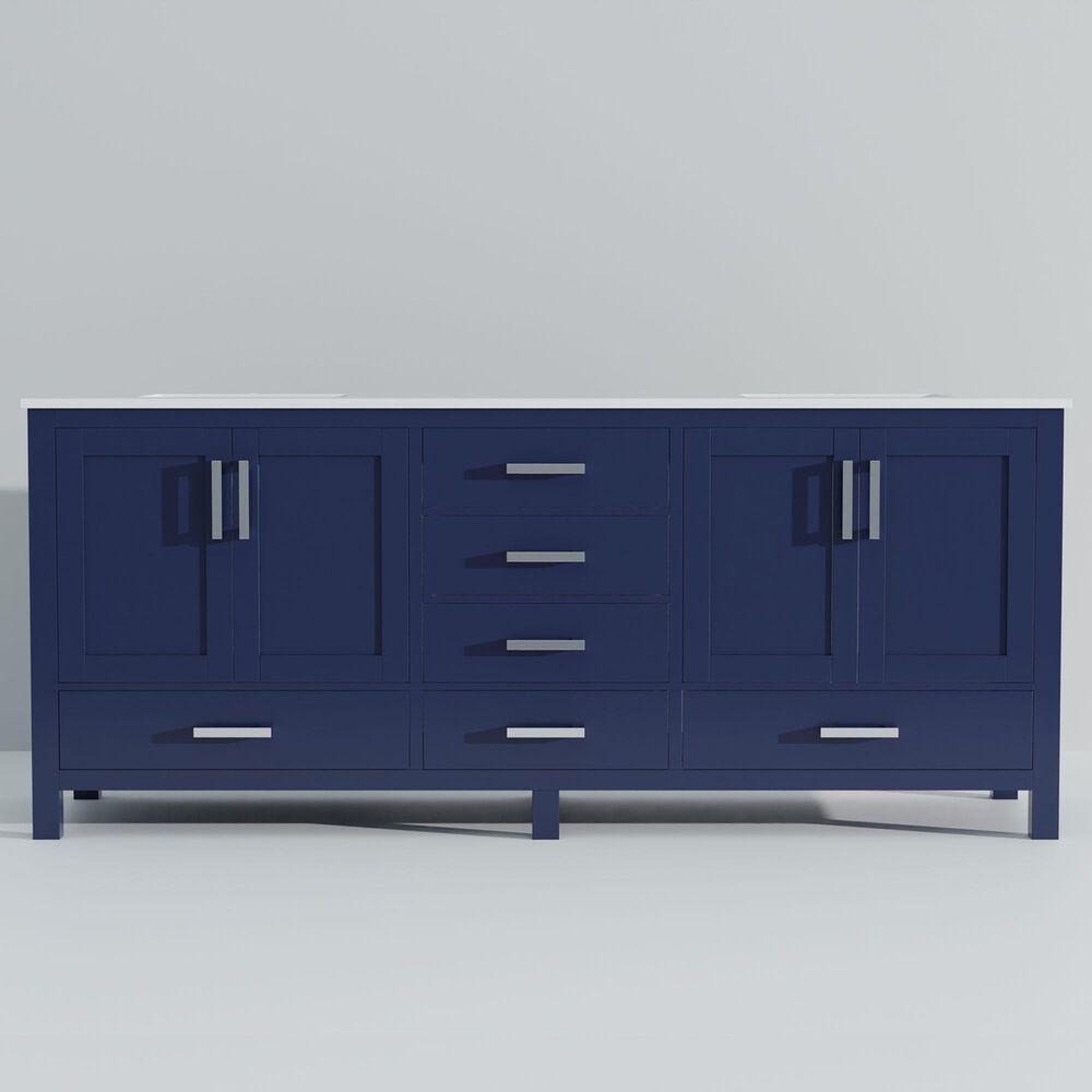 Lexora Home Jacques 84&quot; Double Bathroom Vanity in Navy Blue with 2 cm White Cultured Marble Top and Rectangular Sinks, , large
