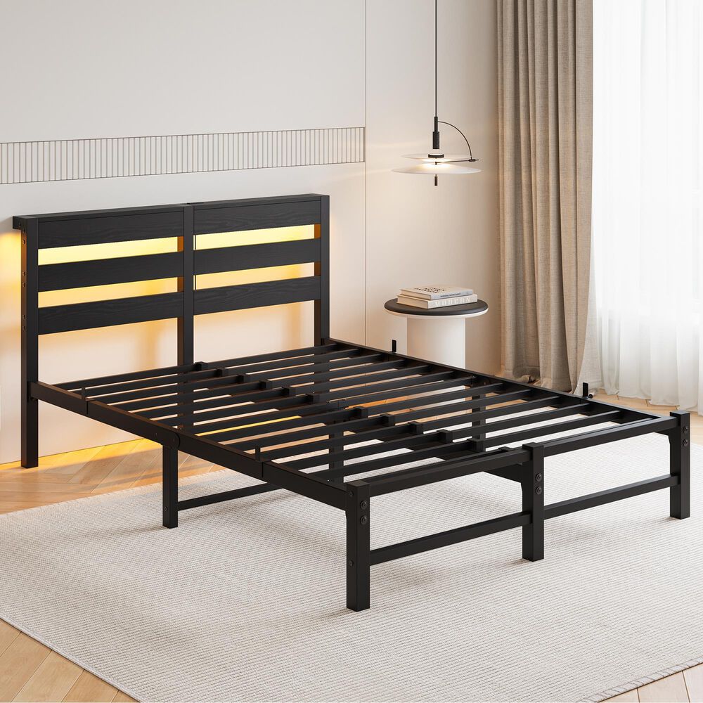 Hearth and Haven Full Metal Bed with RGB Lights and Storage Shelf in Black, , large