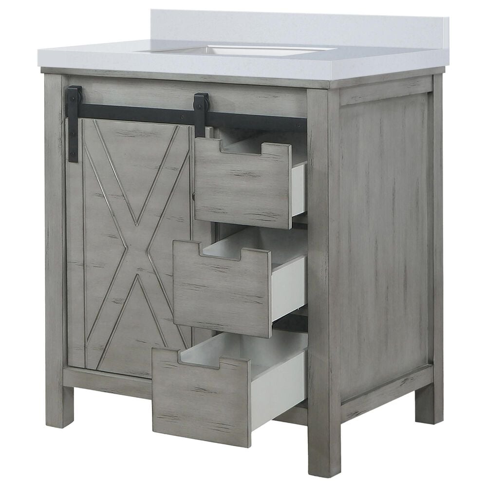 Lexora Home Marsyas 30&quot; Single Bathroom Vanity in Ash Grey with White Quartz Top and Rectangular Sink, , large
