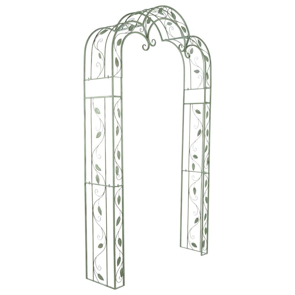 Maple and Jade Vine Arched Leaf Garden Arbor in Distressed Green, , large