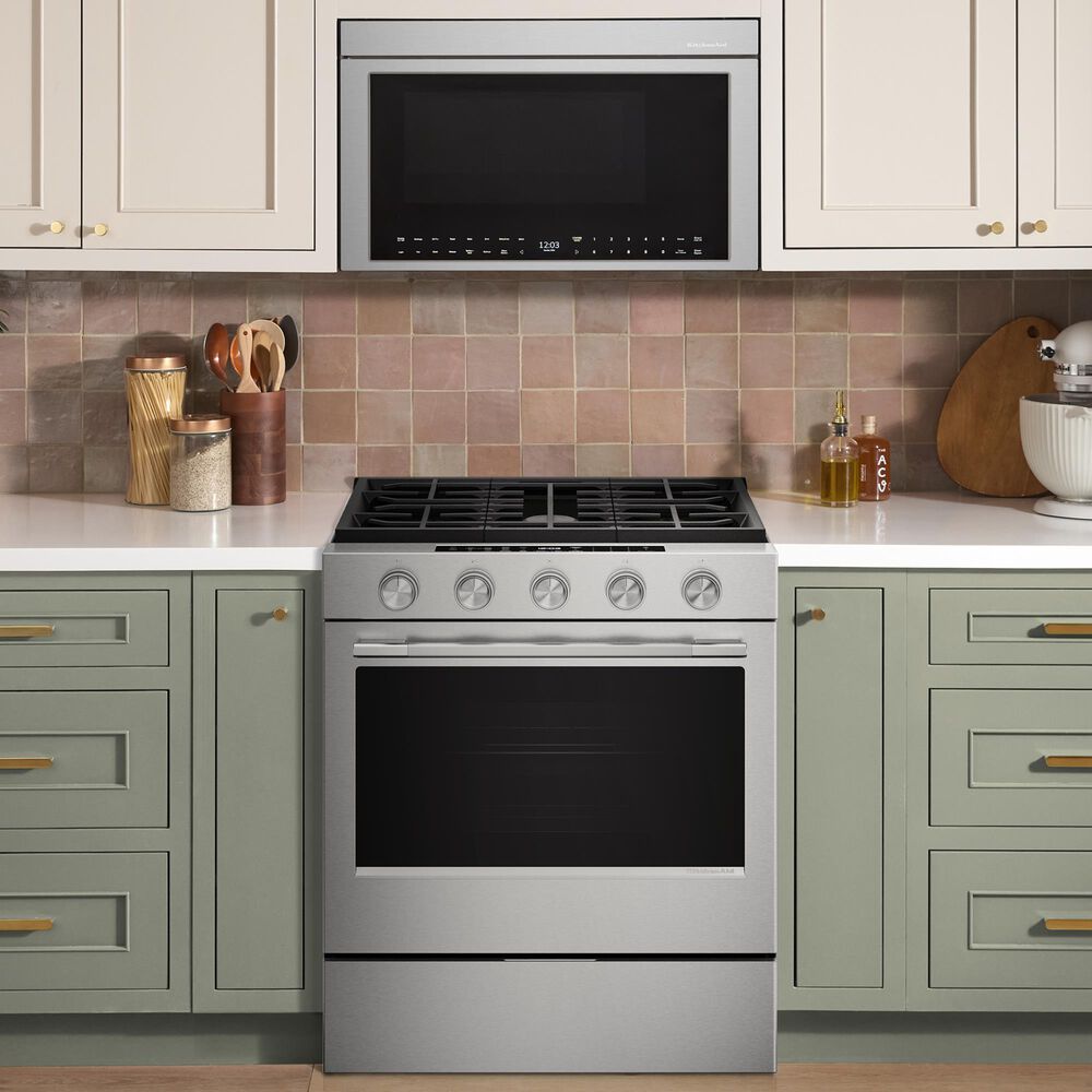 KitchenAid 2-Piece Kitchen Package with 30" Slide-In Smart Gas Range and 30" Over-the-Range Microwave Oven in PrintShield Stainless Steel, , large