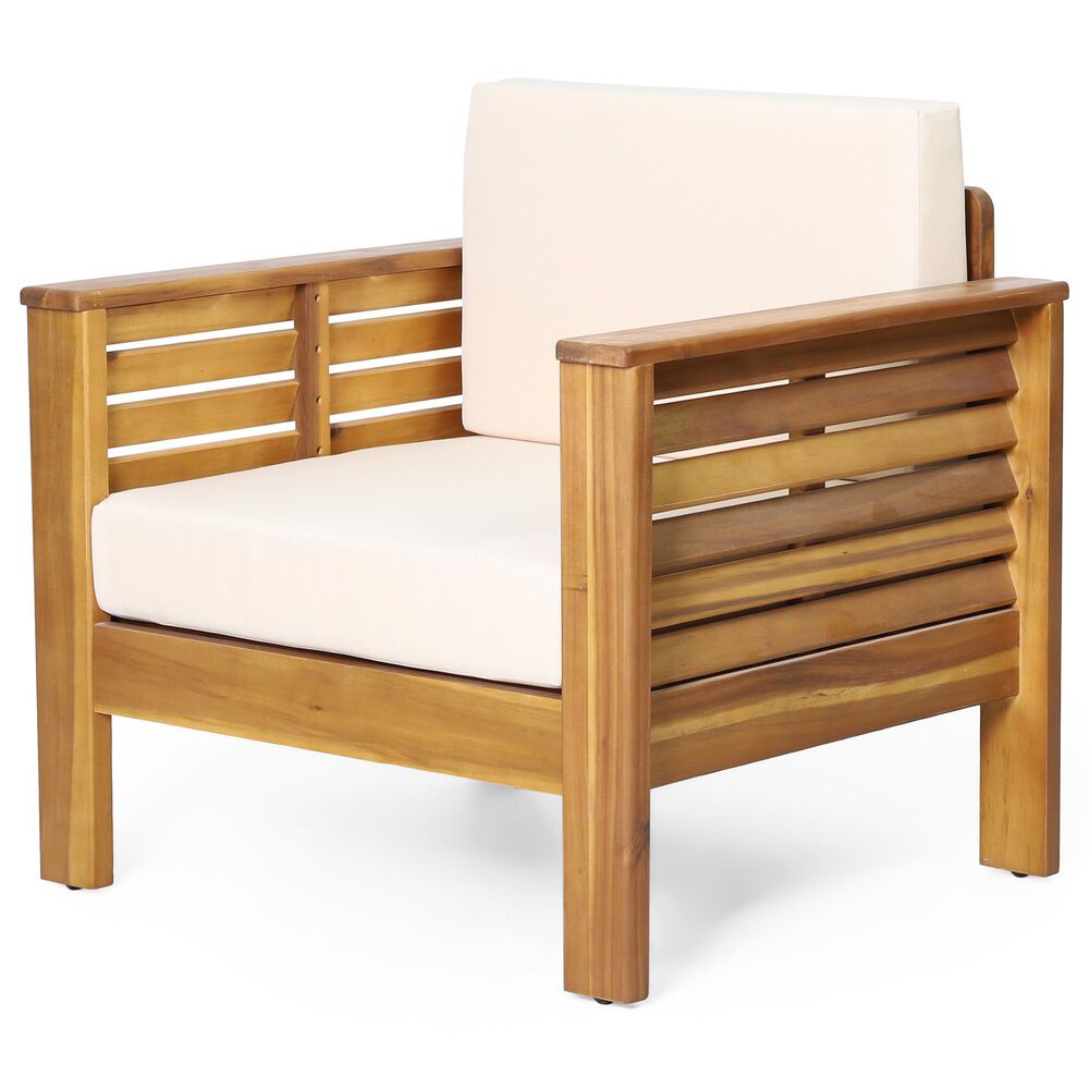 Hearth and Haven Outdoor Acacia Wood Club Chair with Beige Cushions in Teak, , large