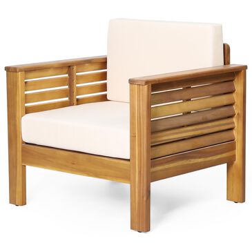 Hearth and Haven Outdoor Acacia Wood Club Chair with Beige Cushions in Teak, , large