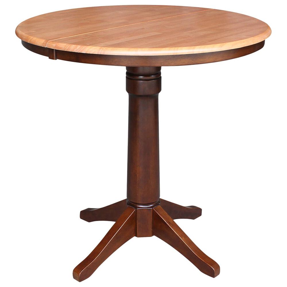 International Concepts 36" Round Pedestal Counter Height Table with 12" Leaf in Cinnamon and Espresso - Table Only, , large