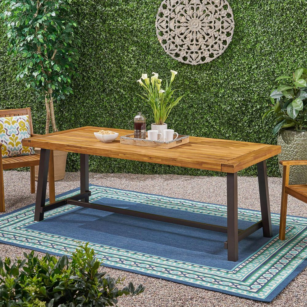 Hearth and Haven Outdoor Wood Dining Table with Slat Top and Metal Base in Teak, , large