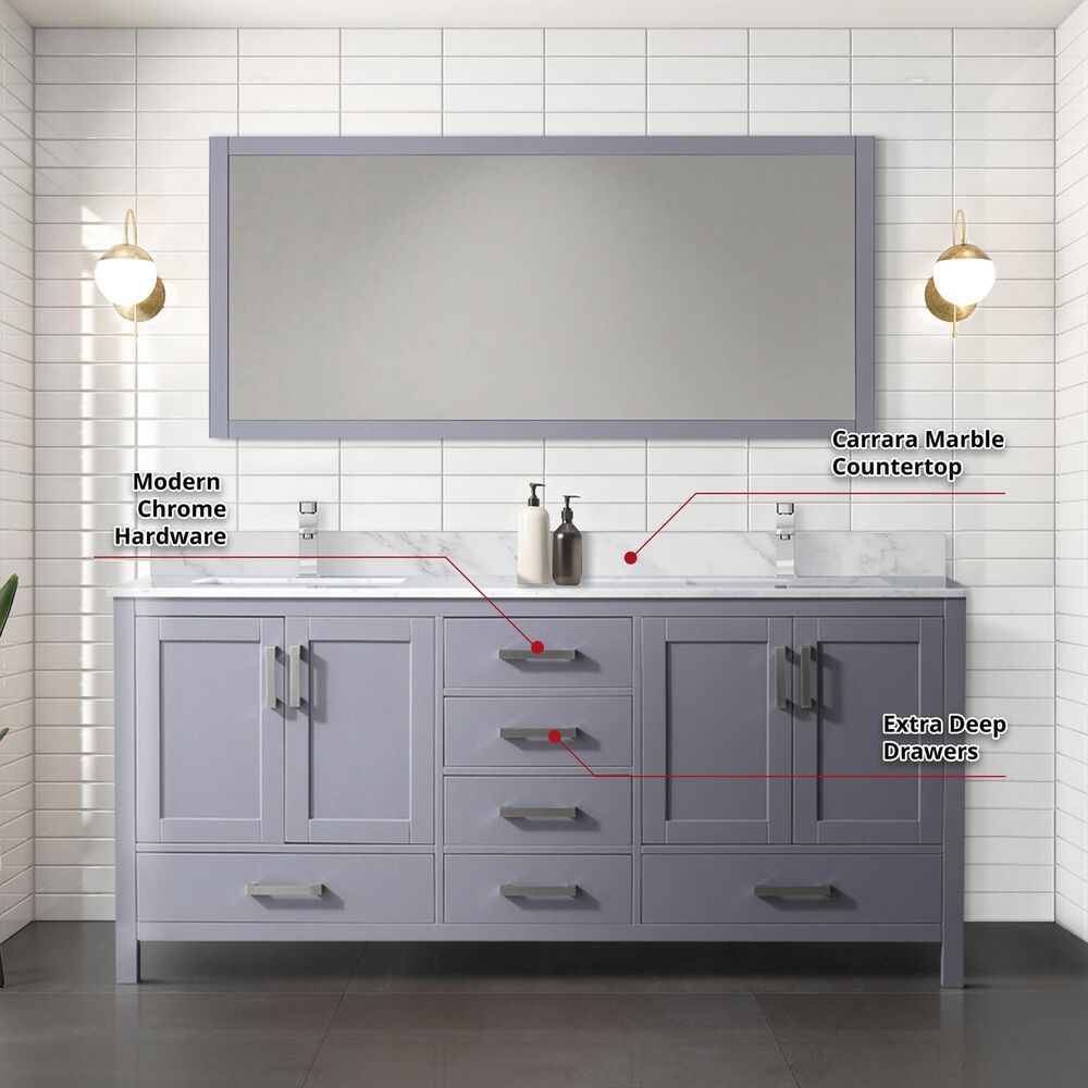 Lexora Home Jacques 72&quot; Double Bathroom Vanity in Dark Grey with 2 cm White Carrara Marble Top and Rectangular Sinks, , large