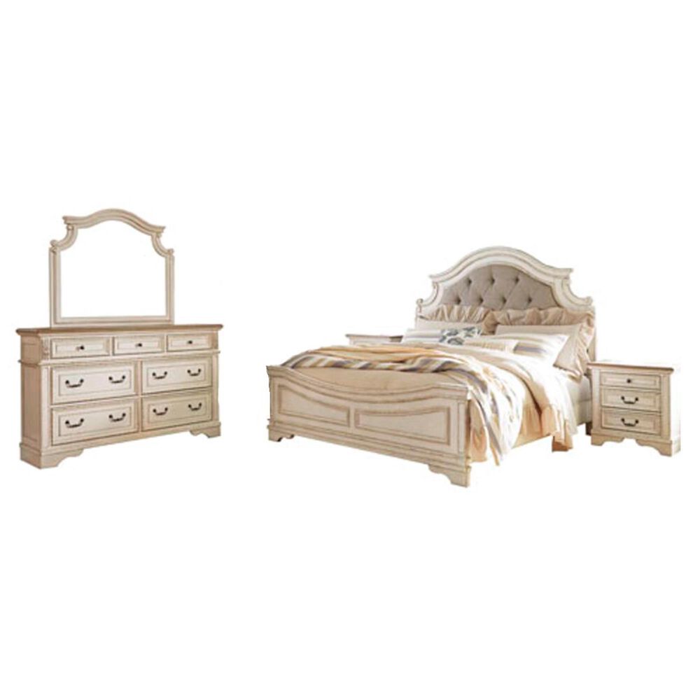 Signature Design by Ashley Realyn 4 Piece King Panel Bed Set in Chipped White and Brown, , large