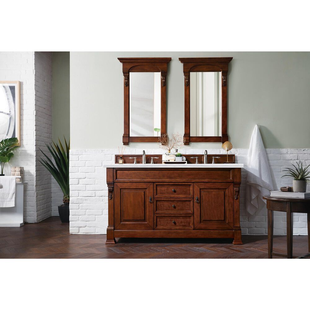 James Martin Vanities Brookfield 60&quot; Double Bathroom Vanity in Warm Cherry with 3 cm Arctic Fall Solid Surface Top and Rectangle Sinks, , large