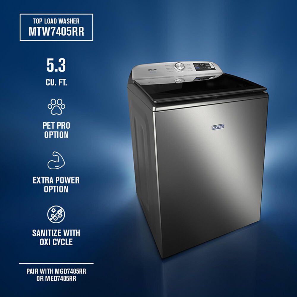 Maytag 5.2 Cu. Ft. Smart Pet Pro Top Load Washer and 7.4 Cu. Ft. Smart Top Load Electric Dryer with Pet Pro Option in Classic Silver, , large