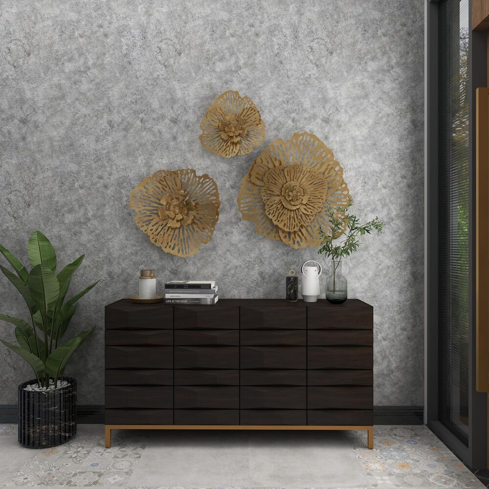 Maple and Jade 28.5&quot; x 28&quot; Glam Flowers Wall Decor in Gold &#40;Set of 3&#41;, , large