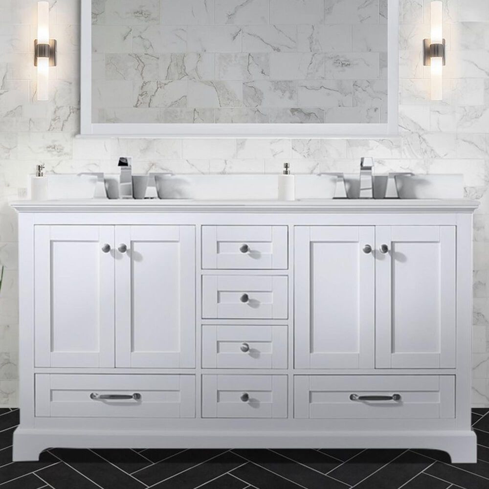 Lexora Home Dukes 60&quot; Double Bathroom Vanity in White with 2 cm White Cultured Marble Top and Rectangular Sinks, , large