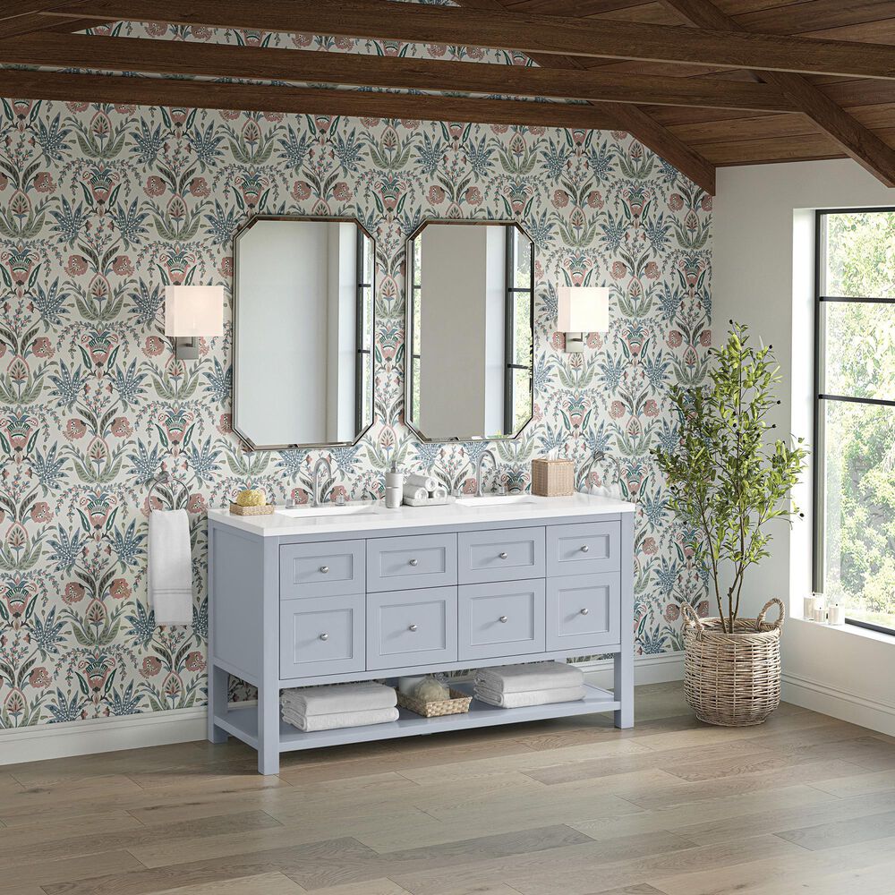 James Martin Vanities Breckenridge 60" Double Bathroom Vanity in Serenity Blue with 3 cm White Zeus Quartz Top and Rectangular Sinks, , large