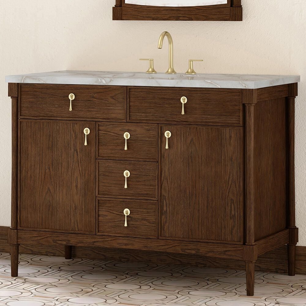 James Martin Kinnsden 48" Single Bathroom Vanity in Sable Oak with 3 cm Victorian Silver Silestone Top, Rectangular Sink and FreePower Wireless Charger, , large