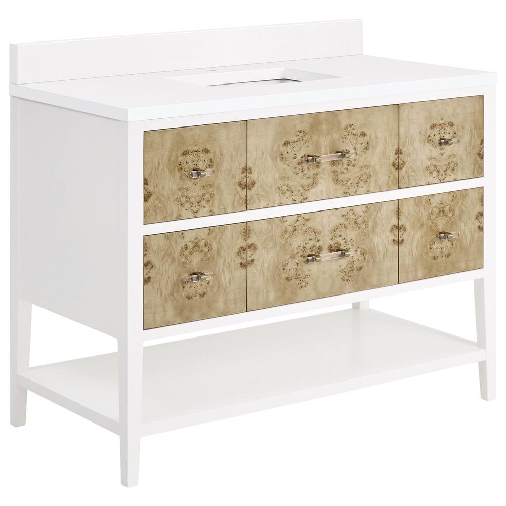 James Martin Vanities Olena 36" Single Vanity in Light Mappa Burl and Polished White with Single Hole 3 cm White Zeus Quartz Top & Backsplash, , large