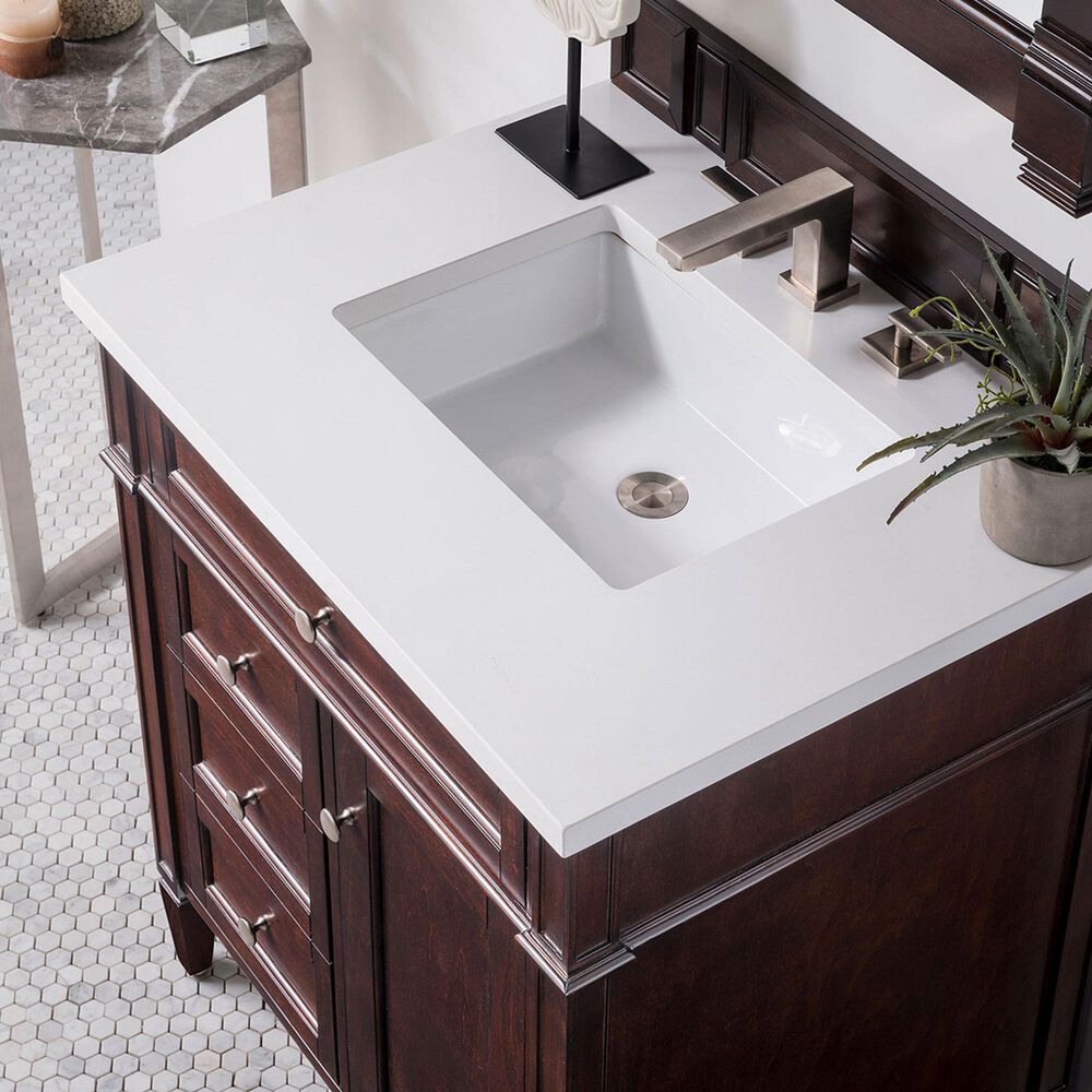 James Martin Vanities Brittany 30" Single Bathroom Vanity in Burnished Mahogany with 3 cm White Zeus Quartz Top and Rectangular Sink, , large
