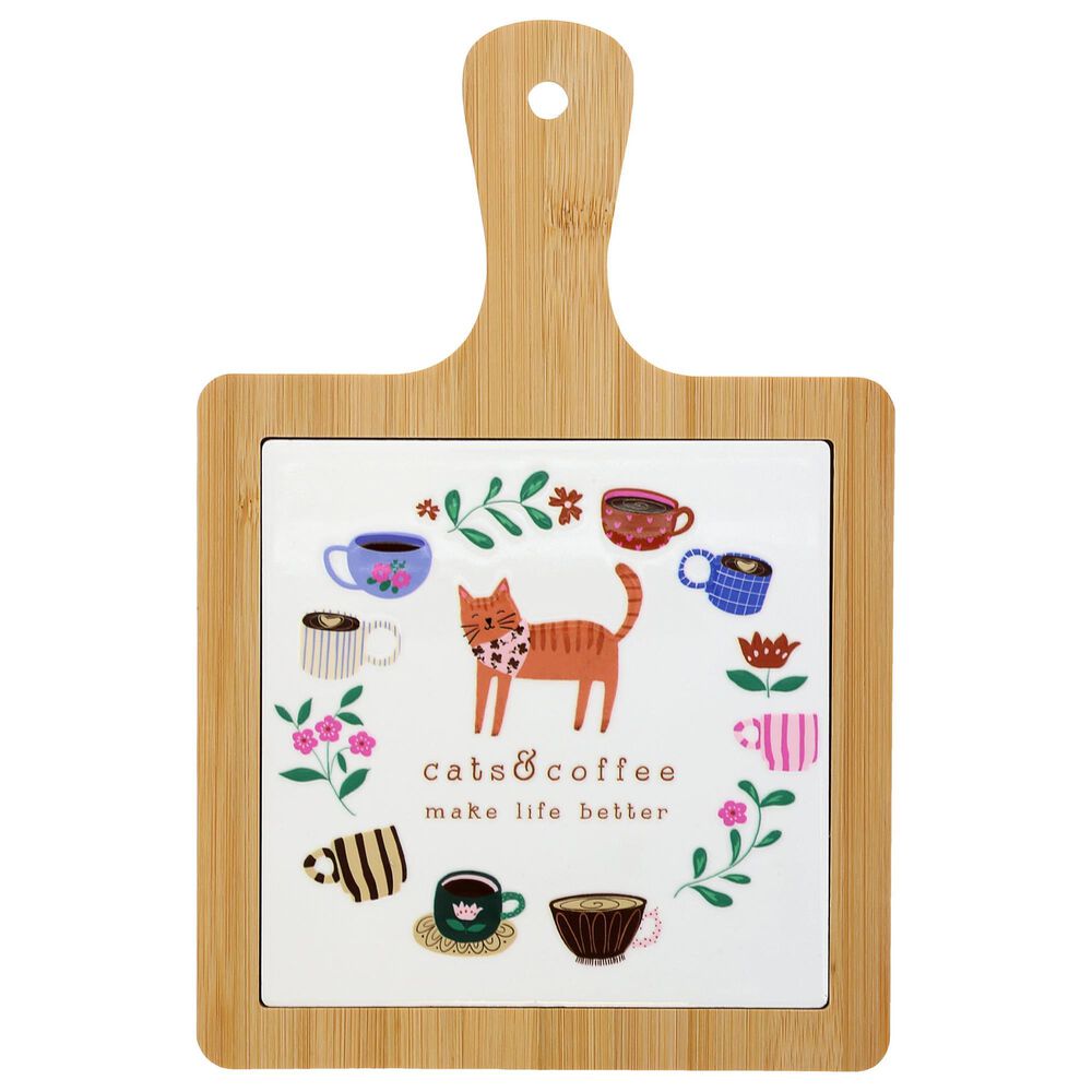 Pavilion 7.5" Cats and Coffee Tile Trivet in White, , large