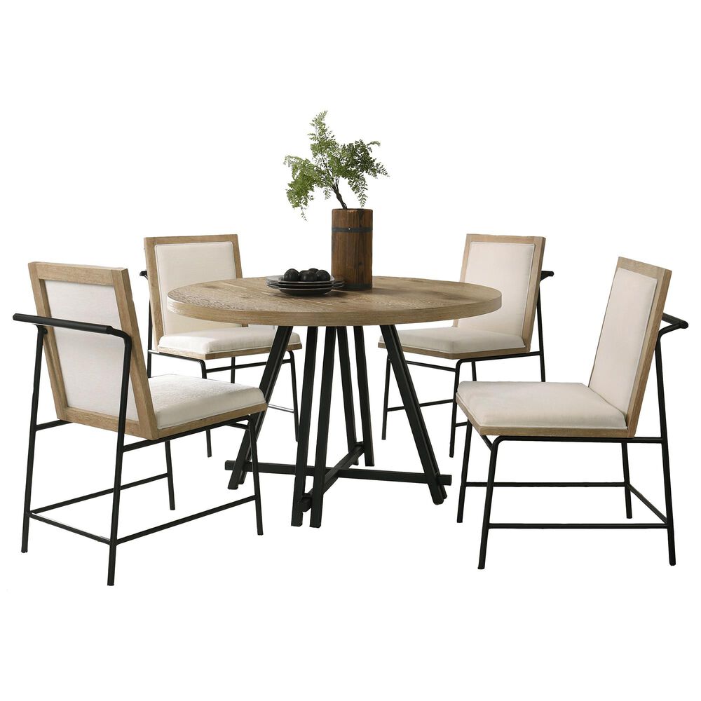 HOMLUX 5-Piece Round Dining Set with Cream Upholstered Chairs in Distressed Oak and Black, , large
