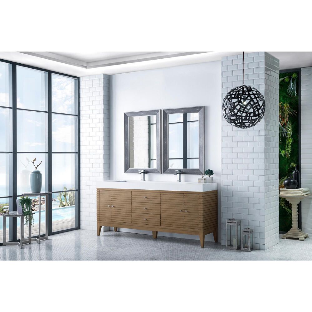 James Martin Vanities Linear 72&quot; Double Bathroom Vanity in Whitewashed Walnut with 10 cm Glossy White Solid Surface Top and Rectangular Sinks, , large