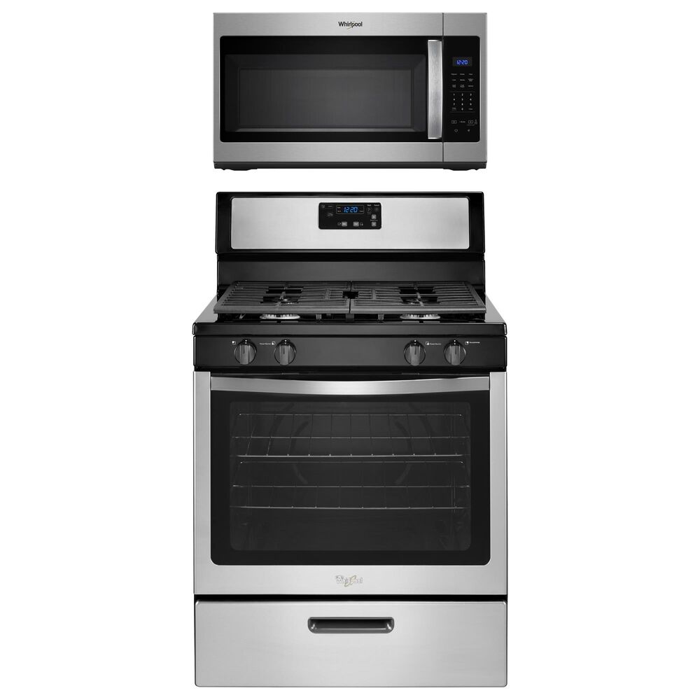 Whirlpool 2-Piece Kitchen Package with 5.1 Cu. Ft. Gas Range and 1.7 Cu. Ft. Microwave in Stainless Steel, , large
