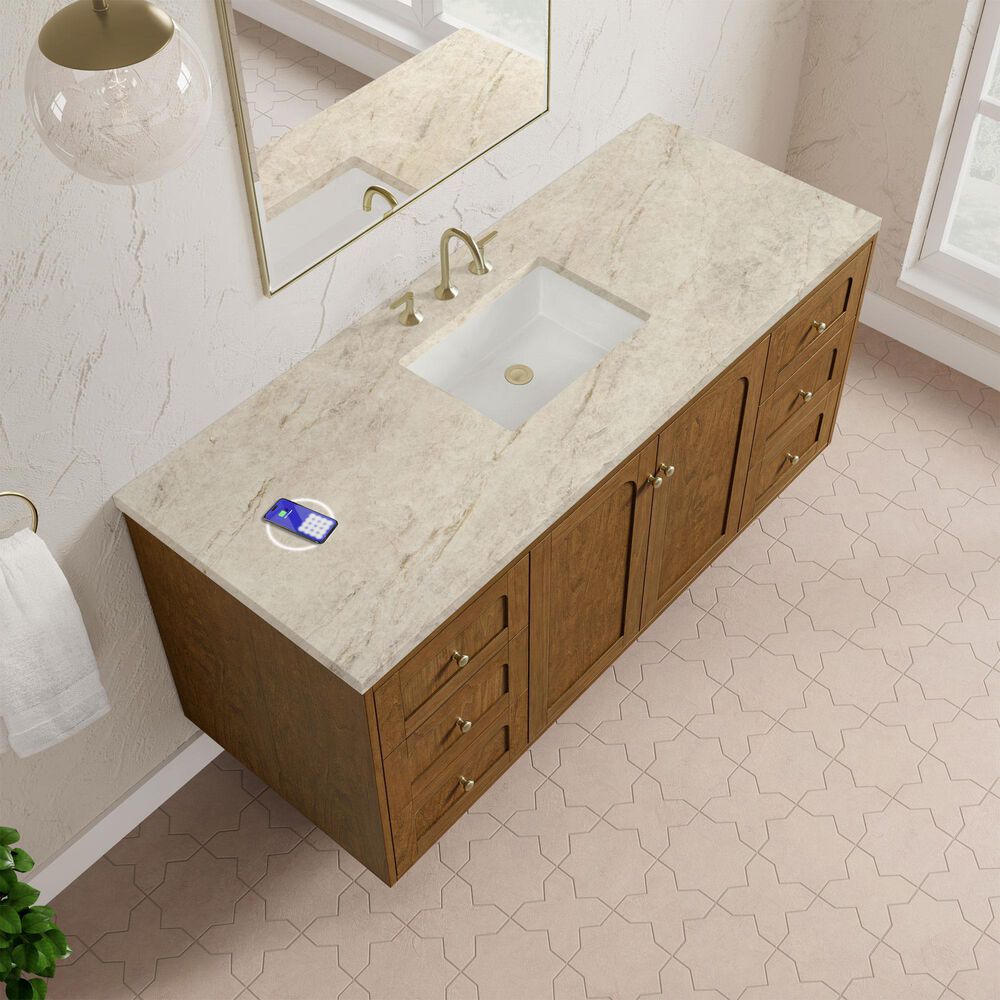 James Martin Laurent 60" Single Bathroom Vanity in Honey Oak with 3 cm Tajnar Eclos Top, Rectangular Sink and FreePower Wireless Charger, , large
