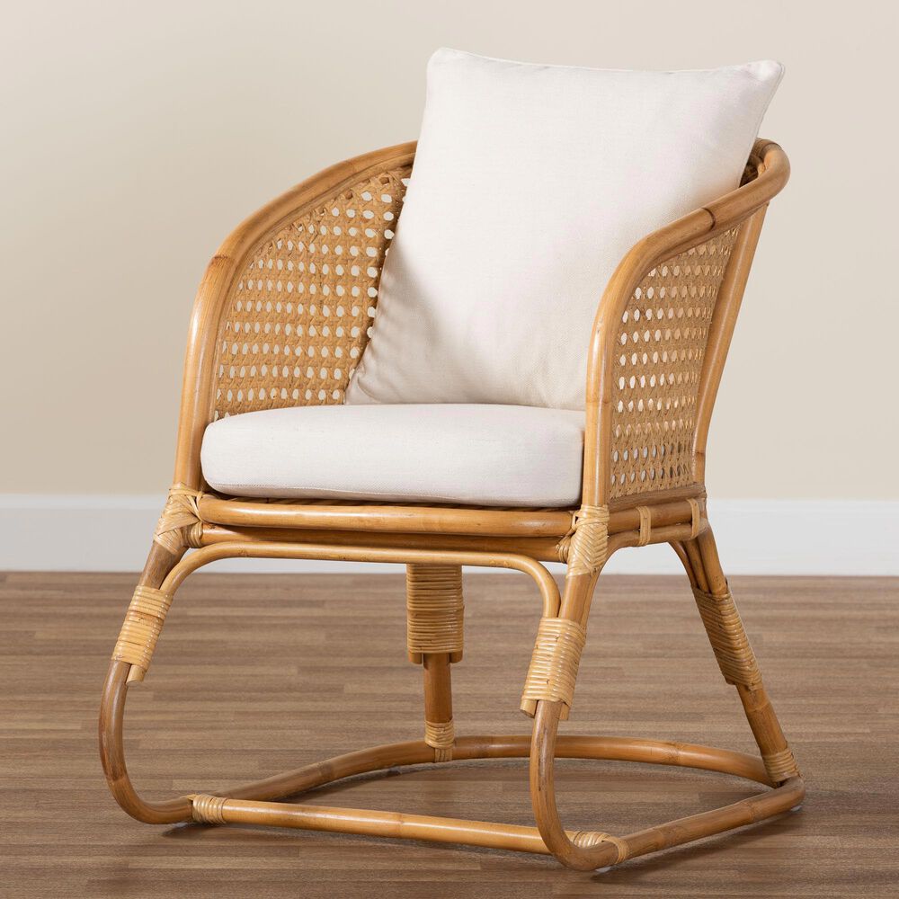 Baxton Studio Niko Patio Arm Chair with Light Honey Rattan in White, , large
