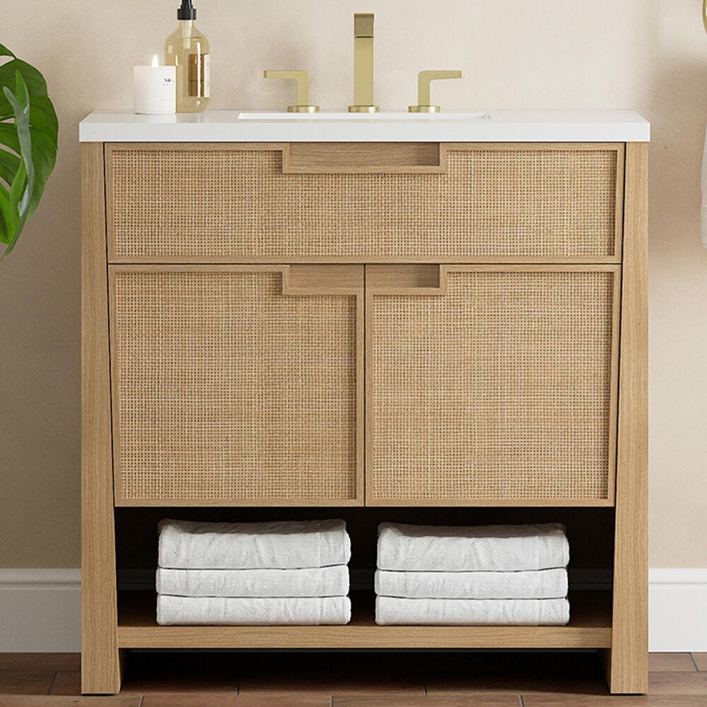 James Martin Vanities Solene 36&quot; Single Bathroom Vanity in Seaside Oak with 3 cm White Zeus Quartz Top and Rectangular Sink, , large