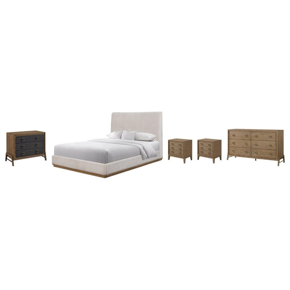 Sterling Timber Elure Queen Upholstered Panel Bed with Dresser Bachelor Chest and 2 Nightstands in Latte, , large