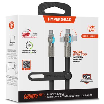 Hypercel Chunky 180 Degrees 12" USB-C to USB-C Cable in Black, , large