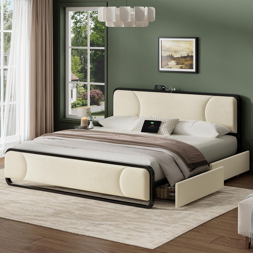 HOMLUX King Upholstered Platform Bed Frame in Beige, , large
