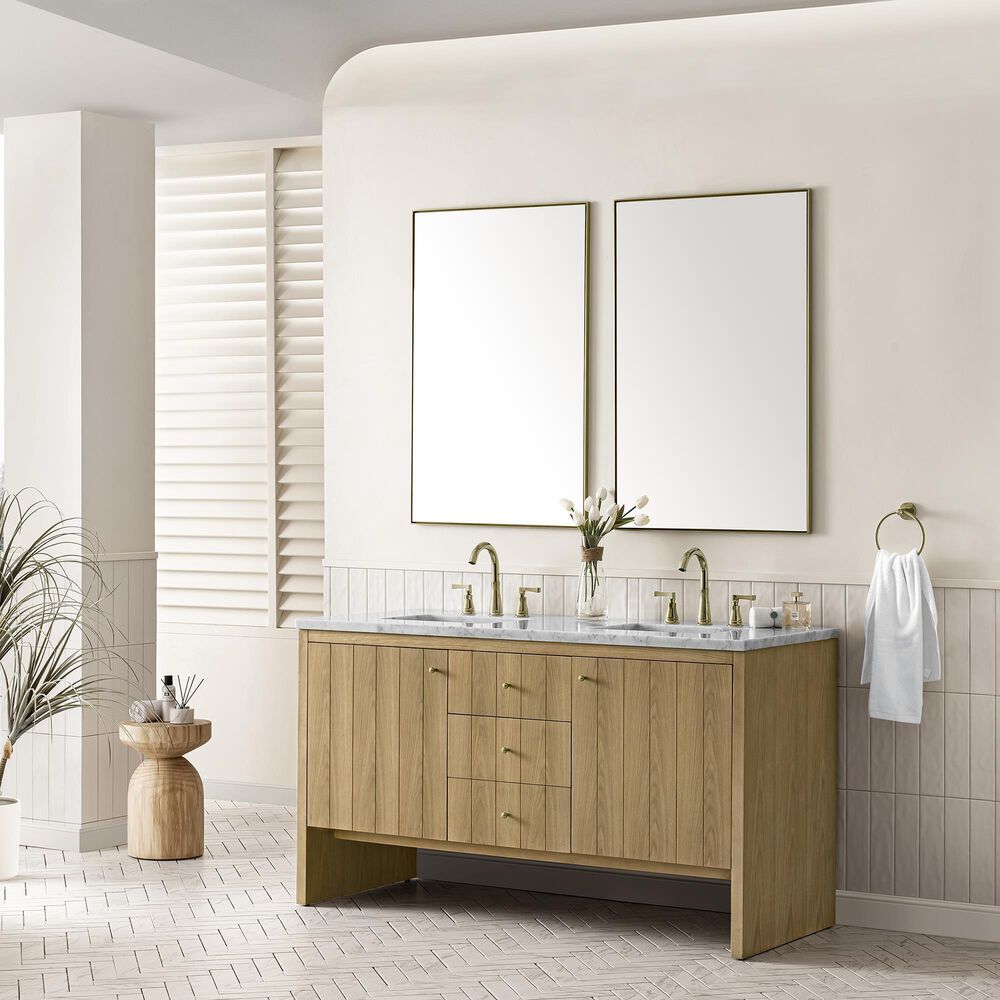 James Martin Vanities Hudson 60&quot; Double Bathroom Vanity in Light Natural Oak with 3 cm Arctic Fall Solid Surface Top and Rectangular Sinks, , large