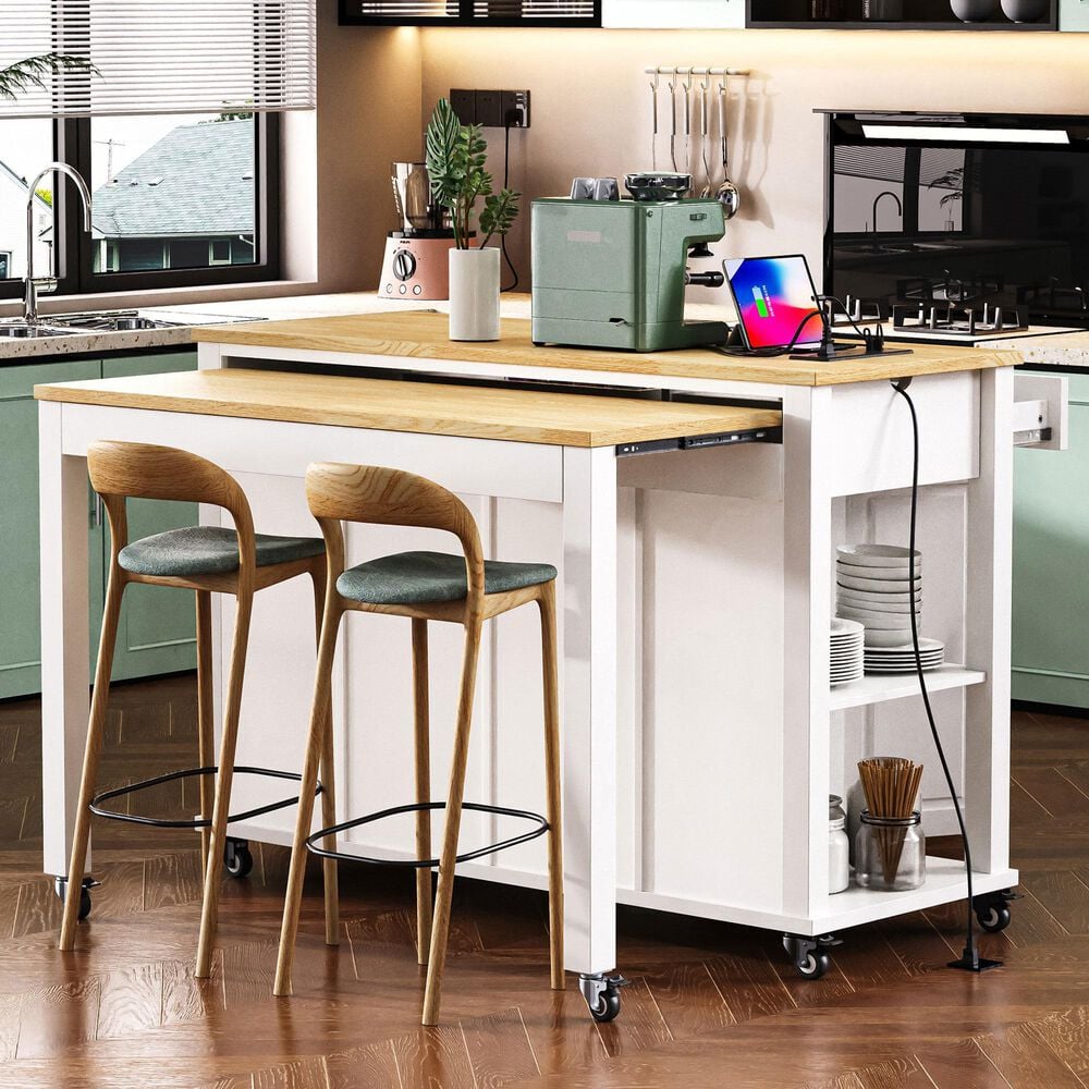 HOMLUX 47" Kitchen Island with Extendable Dining Table in White, , large