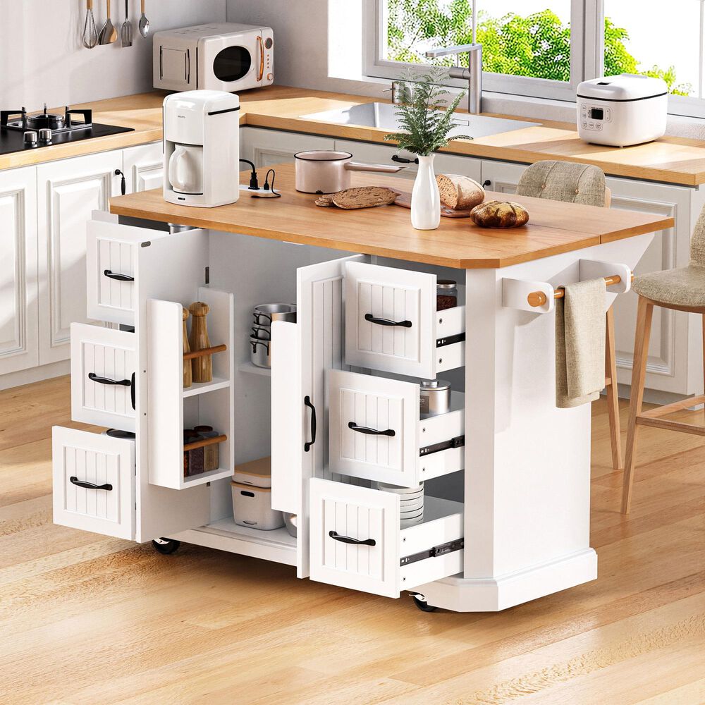HOMLUX 56" Kitchen Island with Drop Leaf in White, , large