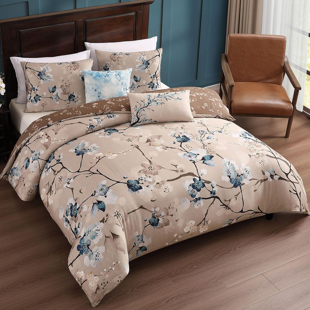 Bebejan Blue Blossom 5-Piece Queen Reversible Comforter Set in Cerulean Blue, Taupe and Dark Brown, , large