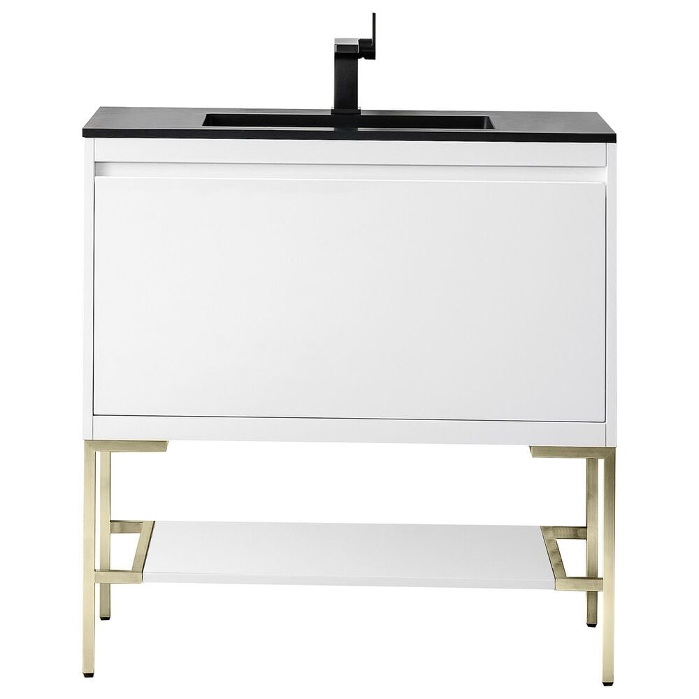 James Martin Mantova 35.4" Single Bathroom Vanity in Glossy White and Champagne Brass with 2 cm Charcoal Black Resin Countertop and Rectangular Sink, , large
