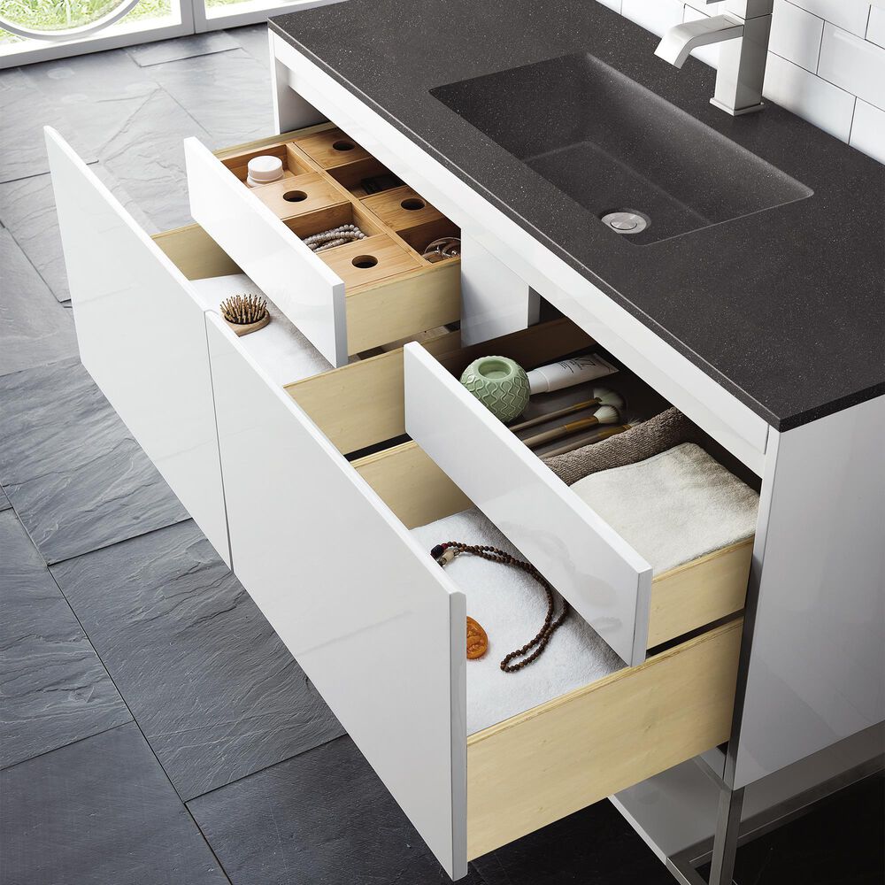 James Martin Vanities Mantova 47.3&quot; Single Vanity in Glossy White and Brushed Nickel with 3 cm Charcoal Black Composite Stone Top and Rectangular Sink, , large