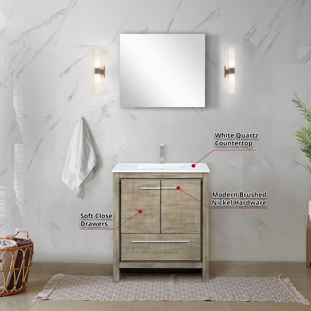 Lexora Home Lafarre 30&quot; Single Bathroom Vanity in Rustic Acacia with 2 cm White Quartz Top and Rectangular Sink, , large
