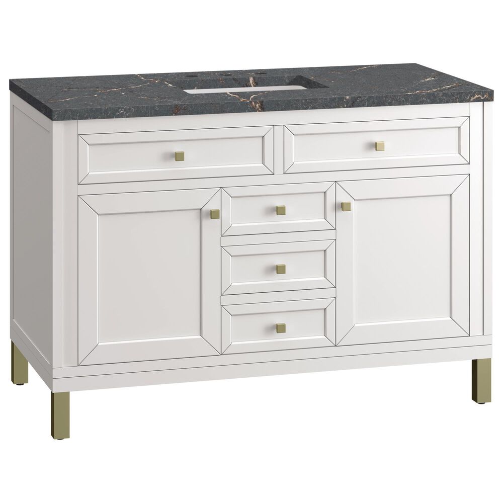 James Martin Vanities Chicago 48&quot; Single Bathroom Vanity in Glossy White with 3 cm Parisien Bleu Quartz Top and Rectangular Sink, , large
