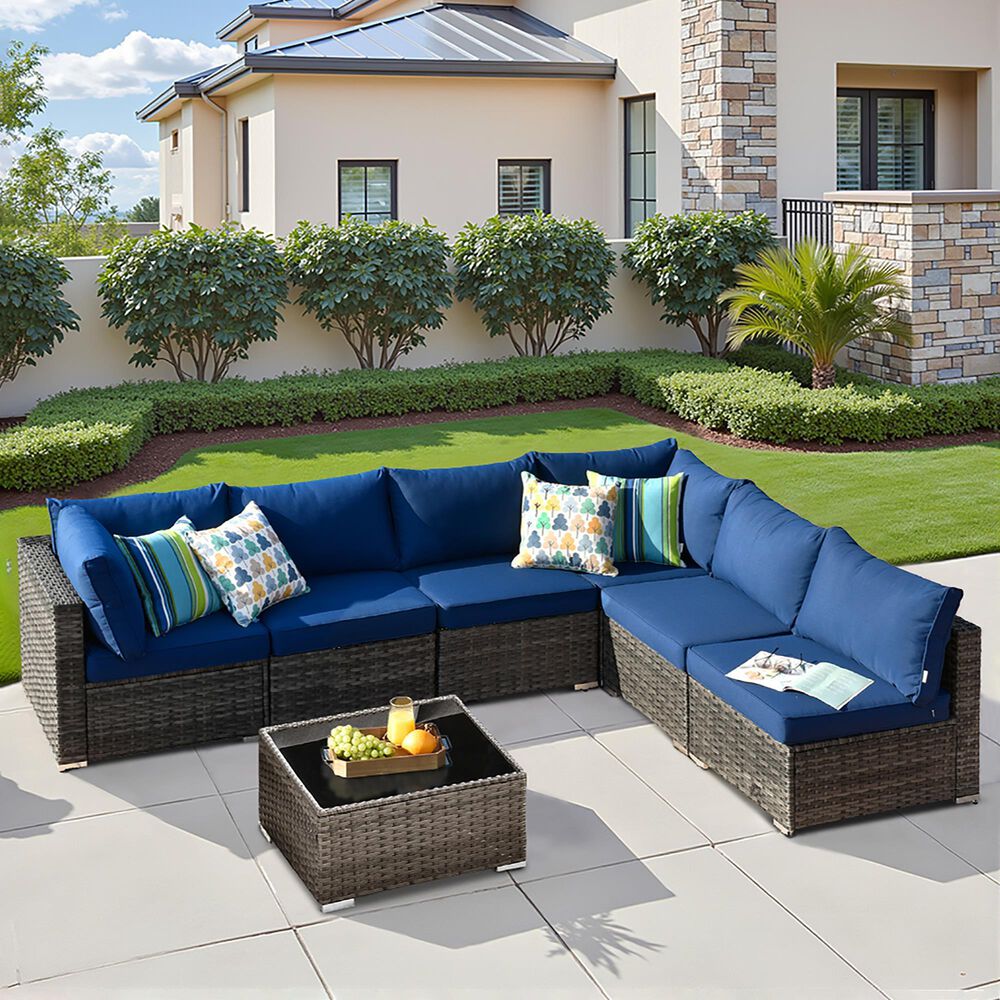 HOMLUX 7-Piece Patio Conversation Set with Grey Wicker in Navy Blue, , large