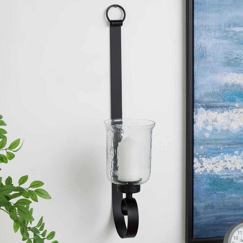 Maple and Jade 31&quot; Handmade Pillar Scroll Indoor/Outdoor Wall Sconce in Matte Black and Clear, , large